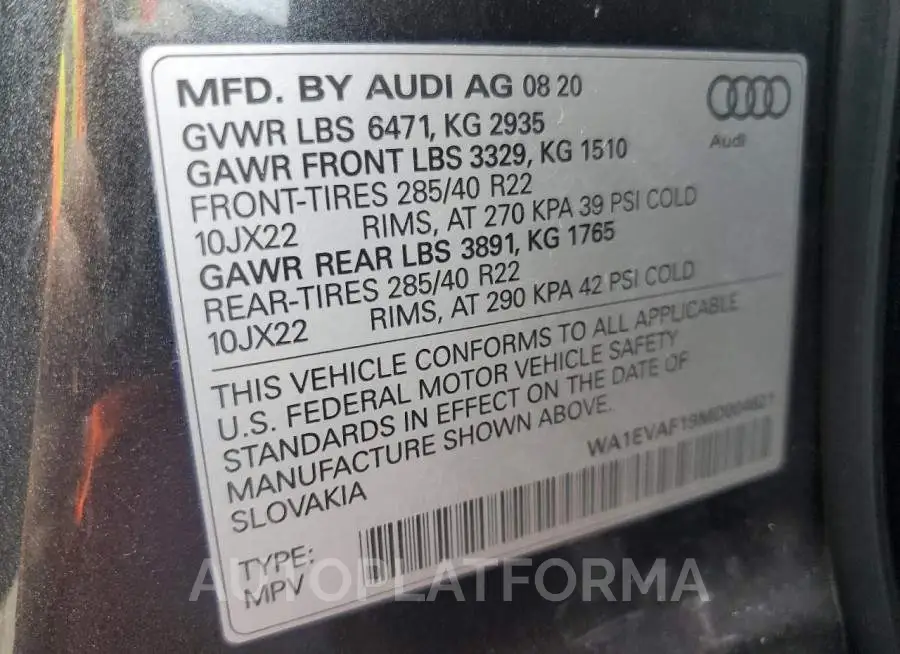 AUDI Q8 PREMIUM 2021 vin WA1EVAF19MD004621 from auto auction Copart