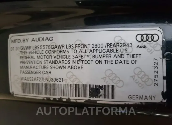 AUDI A7 PRESTIG 2020 vin WAUS2AF27LN030621 from auto auction Copart