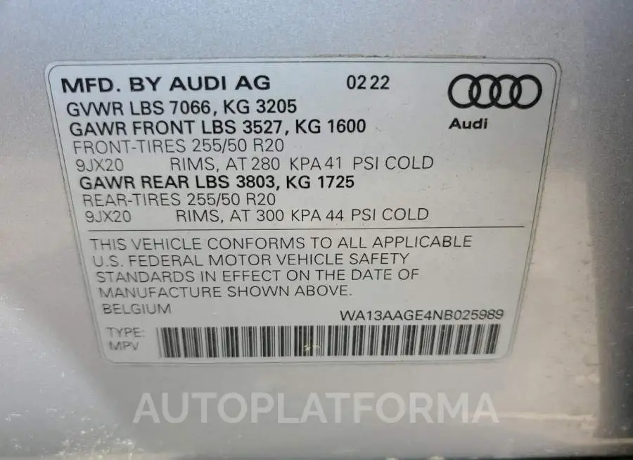 AUDI E-TRON SPO 2022 vin WA13AAGE4NB025989 from auto auction Copart