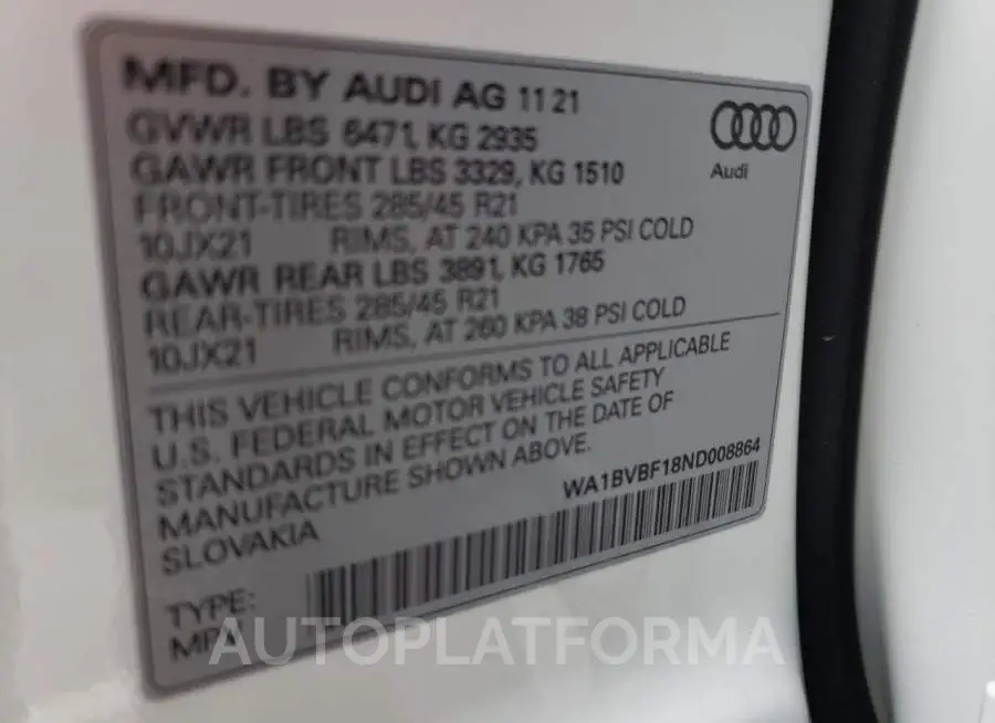 AUDI Q8 PREMIUM 2022 vin WA1BVBF18ND008864 from auto auction Copart