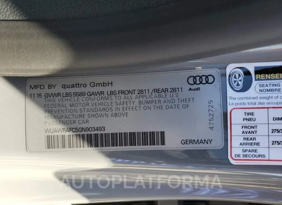 AUDI RS7 PERFOR 2016 vin WUAWRAFC5GN903493 from auto auction Copart