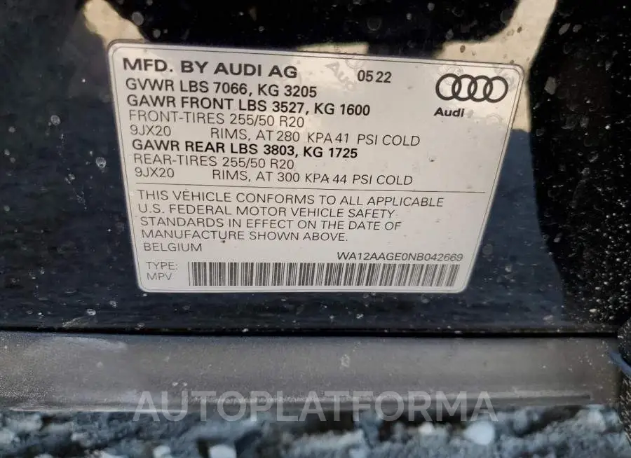 AUDI E-TRON SPO 2022 vin WA12AAGE0NB042669 from auto auction Copart