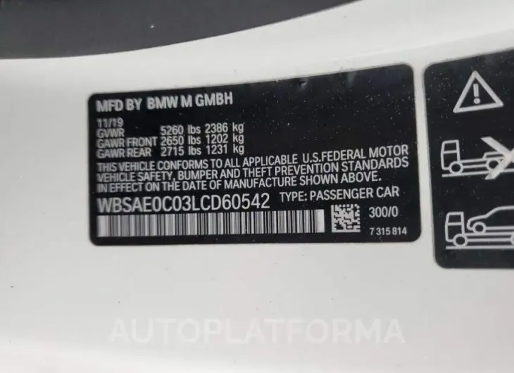 BMW M8 2020 vin WBSAE0C03LCD60542 from auto auction Copart