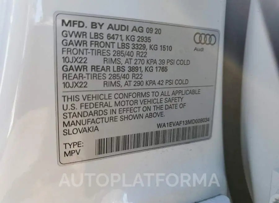 AUDI Q8 PREMIUM 2021 vin WA1EVAF13MD008034 from auto auction Copart