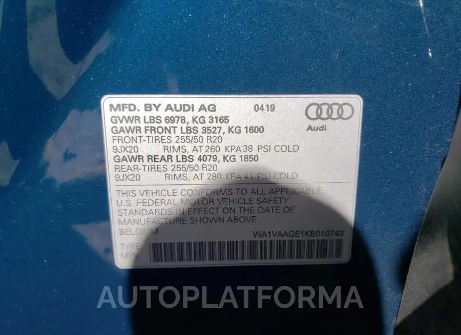 AUDI E-TRON PRE 2019 vin WA1VAAGE1KB010743 from auto auction Copart