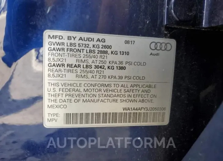 AUDI SQ5 PREMIU 2018 vin WA1A4AFY3J2050306 from auto auction Copart