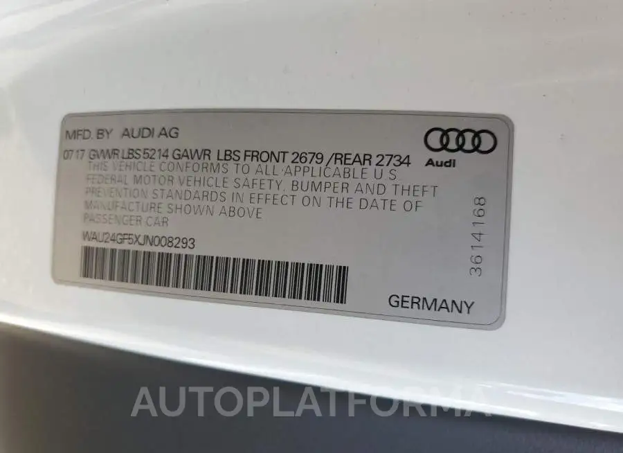 AUDI S5 PRESTIG 2018 vin WAU24GF5XJN008293 from auto auction Copart