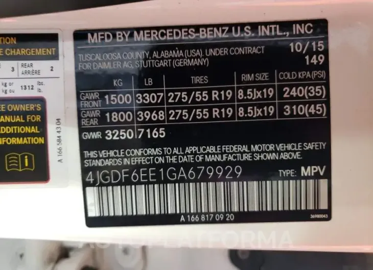 MERCEDES-BENZ GL 450 4MA 2016 vin 4JGDF6EE1GA679929 from auto auction Copart