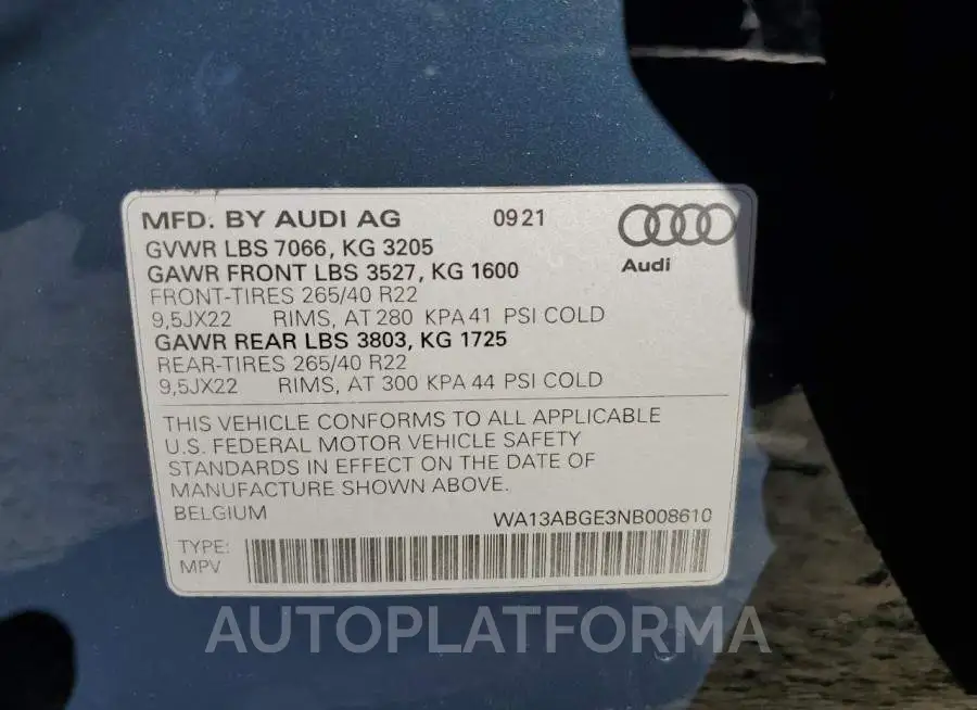 AUDI E-TRON SPO 2022 vin WA13ABGE3NB008610 from auto auction Copart