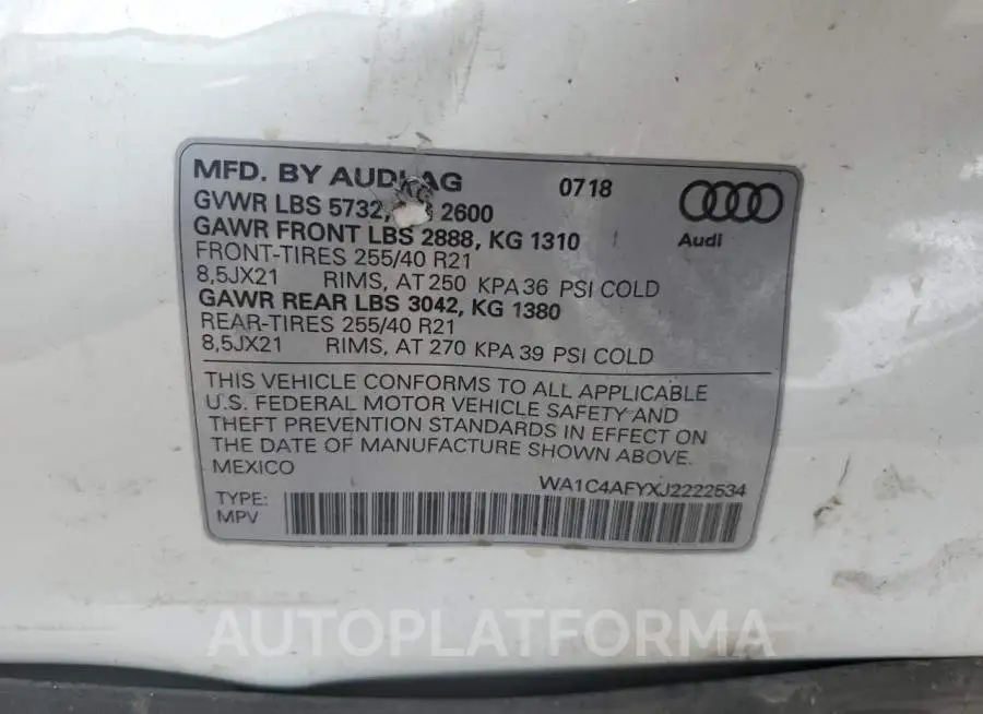 AUDI SQ5 PRESTI 2018 vin WA1C4AFYXJ2222534 from auto auction Copart