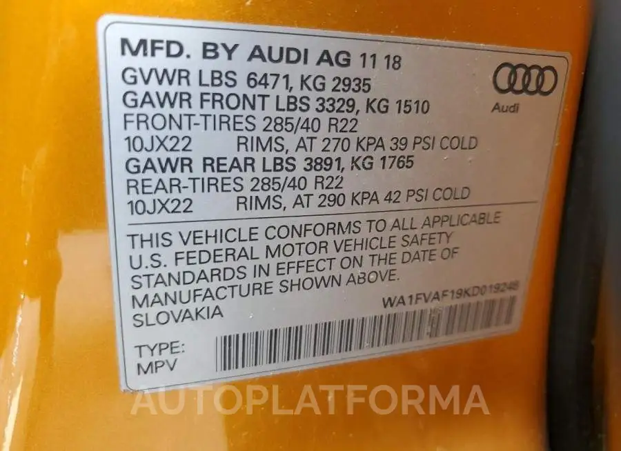 AUDI Q8 PRESTIG 2019 vin WA1FVAF19KD019248 from auto auction Copart