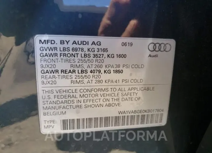 AUDI E-TRON PRE 2019 vin WA1VABGE0KB017804 from auto auction Copart