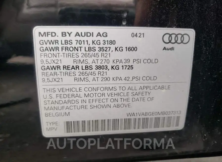 AUDI E-TRON PRE 2021 vin WA1VABGE0MB037313 from auto auction Copart