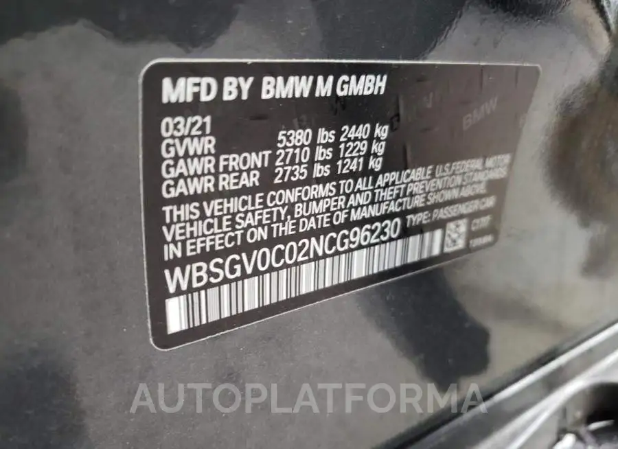 BMW M8 2022 vin WBSGV0C02NCG96230 from auto auction Copart