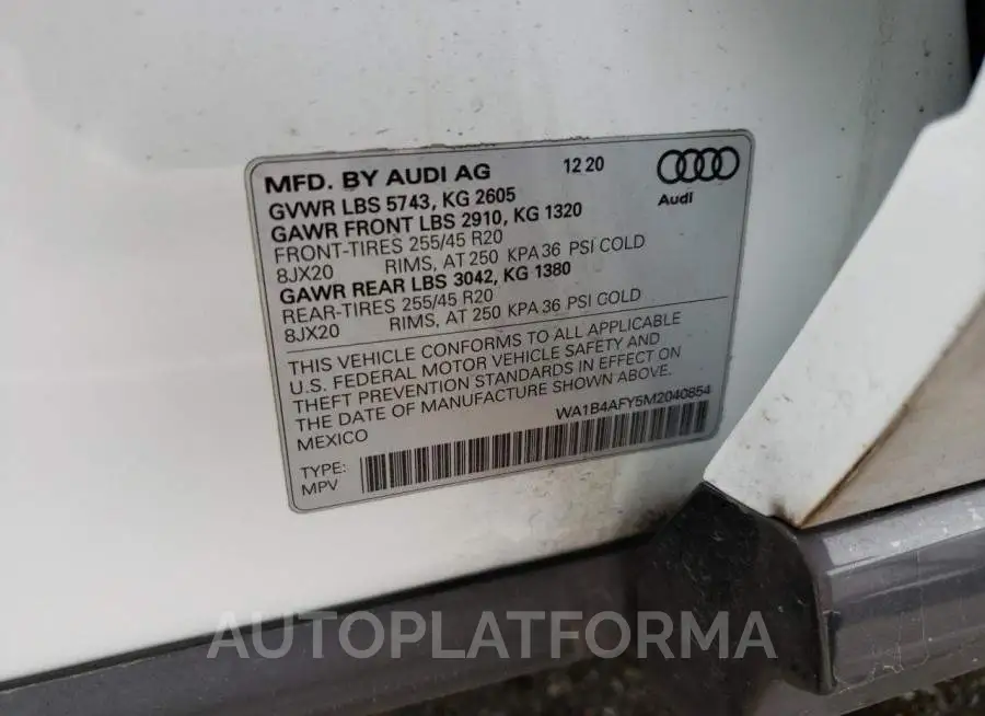 AUDI SQ5 PREMIU 2021 vin WA1B4AFY5M2040854 from auto auction Copart