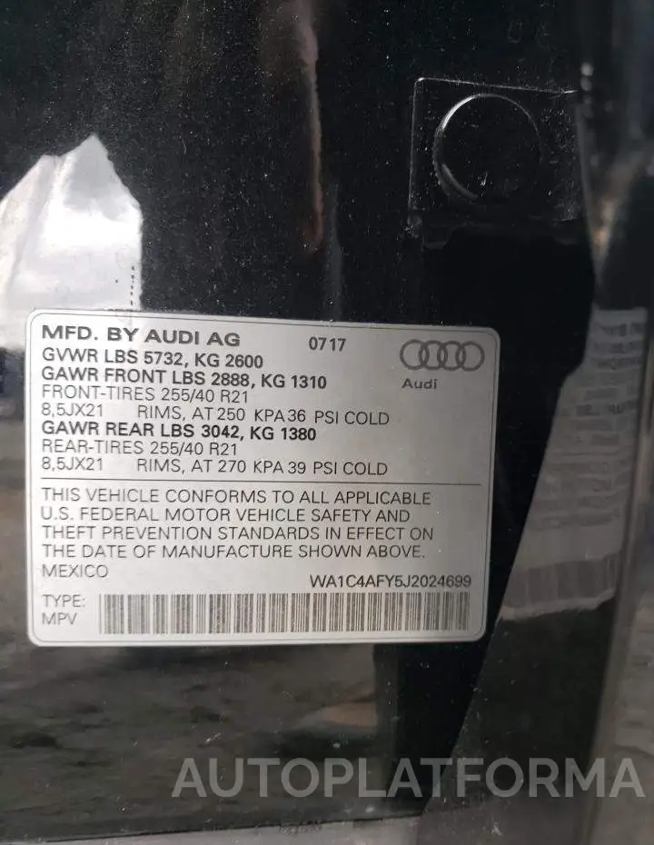 AUDI SQ5 PRESTI 2018 vin WA1C4AFY5J2024699 from auto auction Copart