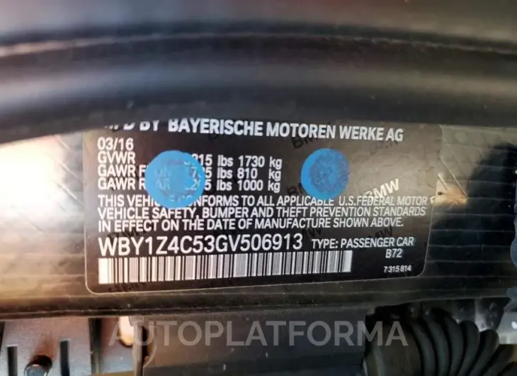 BMW I3 2016 vin WBY1Z4C53GV506913 from auto auction Copart