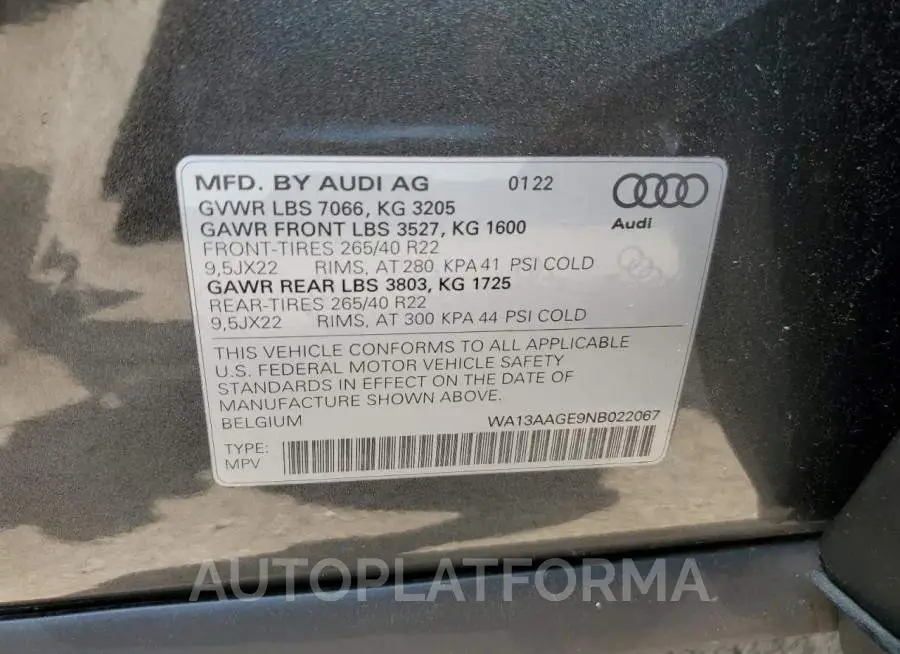 AUDI E-TRON SPO 2022 vin WA13AAGE9NB022067 from auto auction Copart