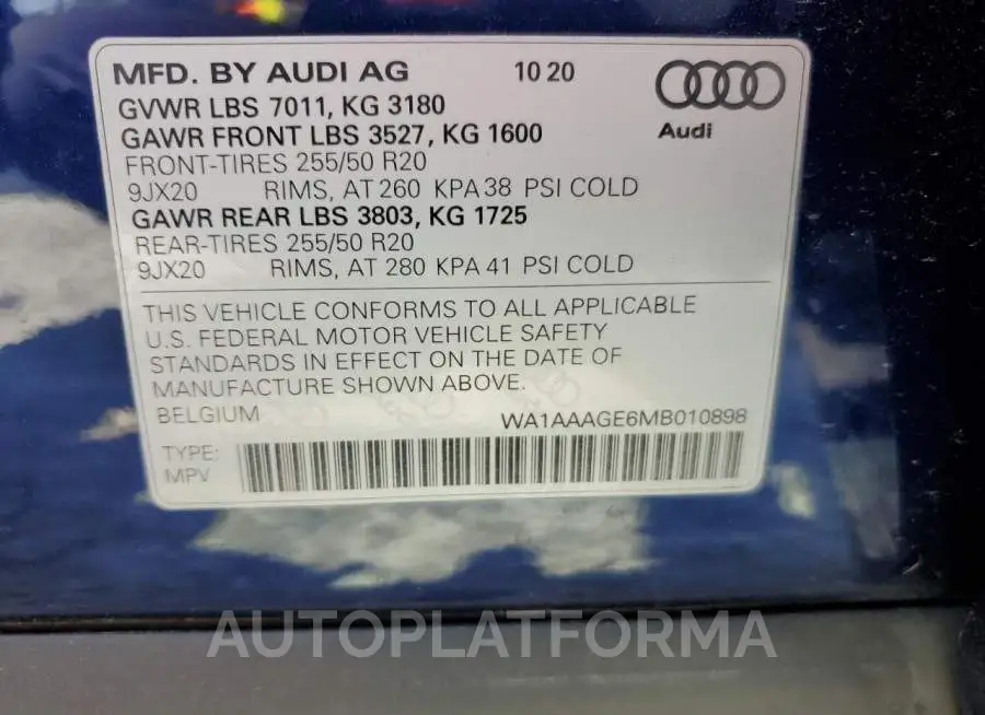 AUDI E-TRON PRE 2021 vin WA1AAAGE6MB010898 from auto auction Copart