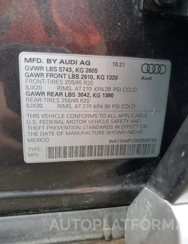 AUDI SQ5 SPORTB 2022 vin WA124AFY3N2036755 from auto auction Copart