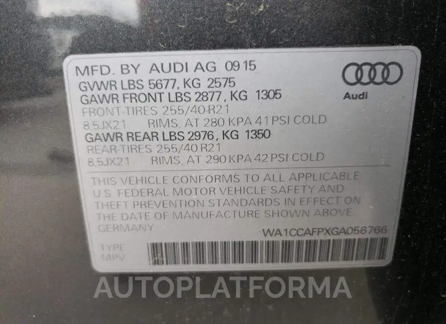 AUDI SQ5 PREMIU 2016 vin WA1CCAFPXGA056766 from auto auction Copart