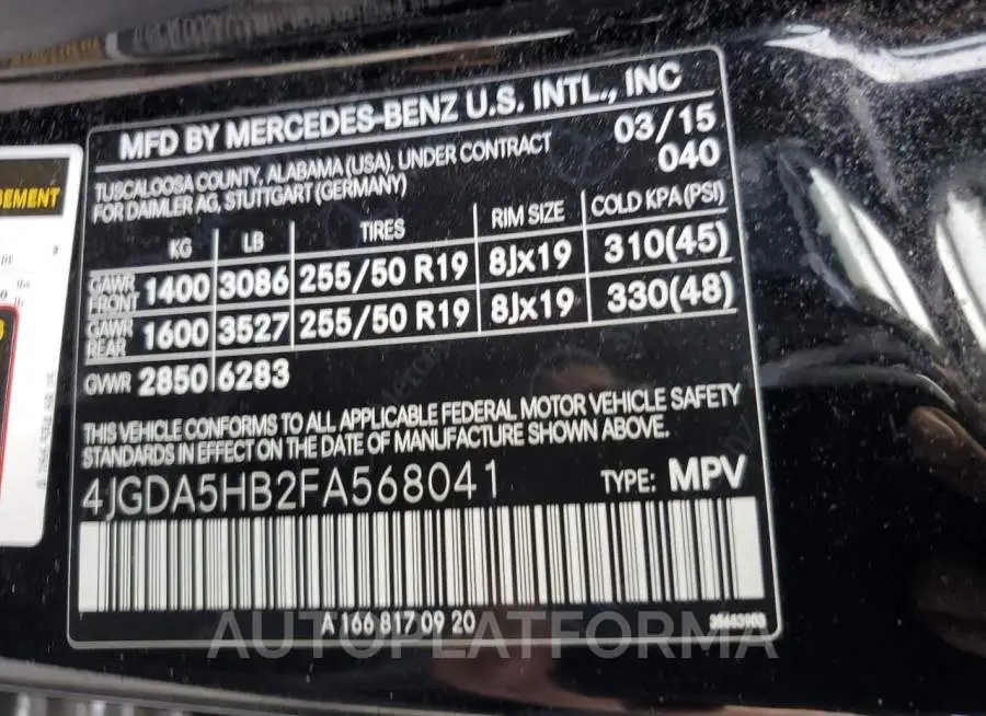 MERCEDES-BENZ M CLASS 2015 vin 4JGDA5HB2FA568041 from auto auction Copart