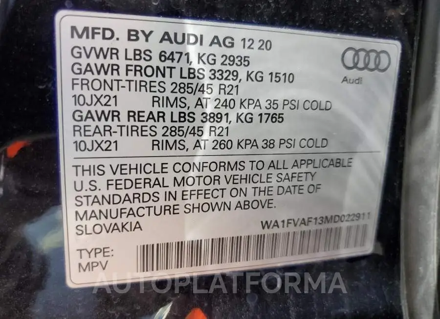 AUDI Q8 PRESTIG 2021 vin WA1FVAF13MD022911 from auto auction Copart