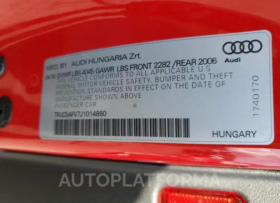 AUDI TT 2018 vin TRUC5AFV7J1014860 from auto auction Copart