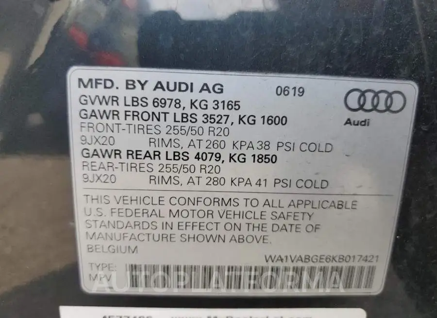 AUDI E-TRON PRE 2019 vin WA1VABGE6KB017421 from auto auction Copart