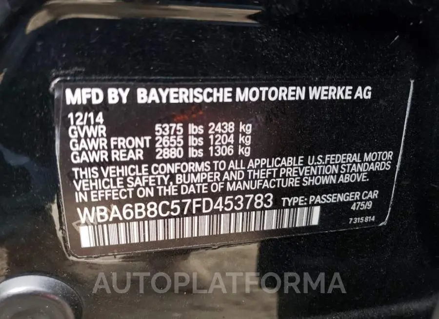 BMW 640 XI GRA 2015 vin WBA6B8C57FD453783 from auto auction Copart