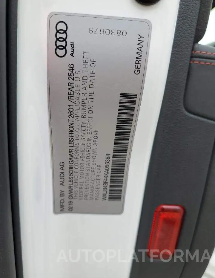 AUDI S4 PREMIUM 2019 vin WAUB4BF44KA056388 from auto auction Copart