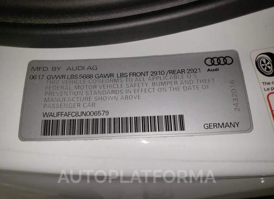 AUDI S6 PREMIUM 2018 vin WAUFFAFC8JN006579 from auto auction Copart