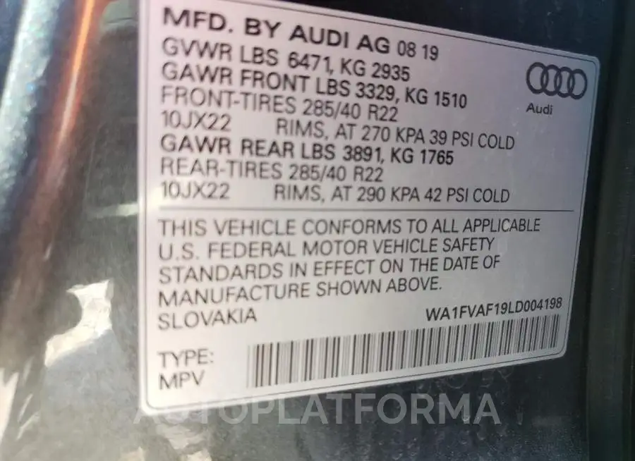 AUDI Q8 PRESTIG 2020 vin WA1FVAF19LD004198 from auto auction Copart