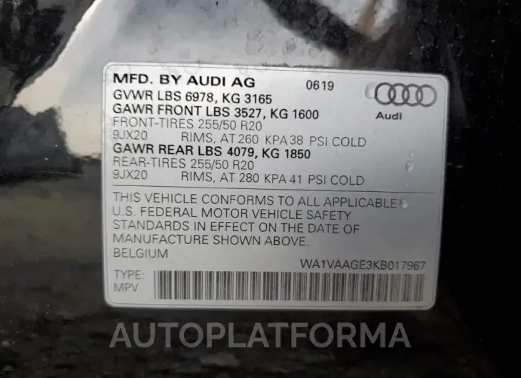 AUDI E-TRON PRE 2019 vin WA1VAAGE3KB017967 from auto auction Copart