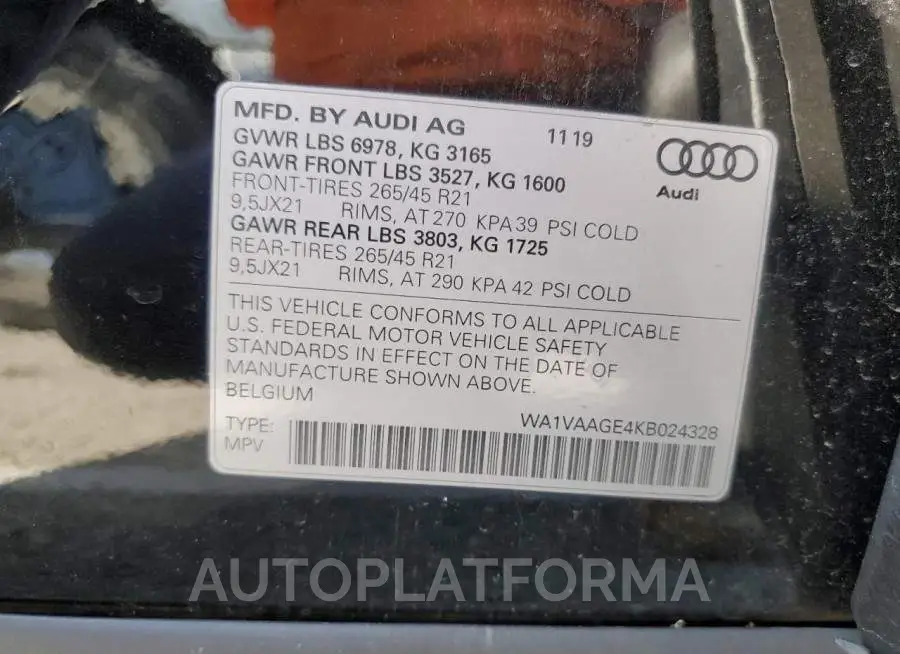 AUDI E-TRON PRE 2019 vin WA1VAAGE4KB024328 from auto auction Copart