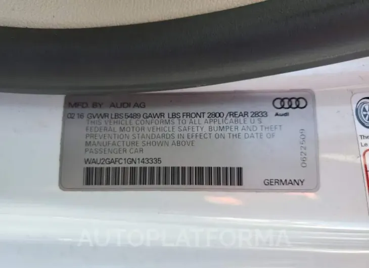 AUDI A7 PRESTIG 2016 vin WAU2GAFC1GN143335 from auto auction Copart