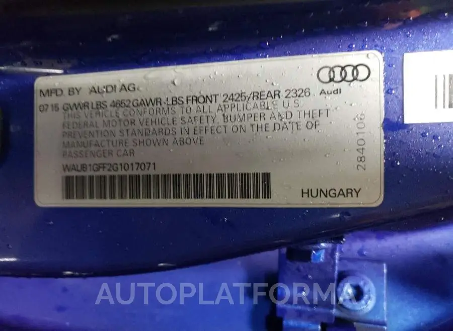 AUDI S3 PREMIUM 2016 vin WAUB1GFF2G1017071 from auto auction Copart