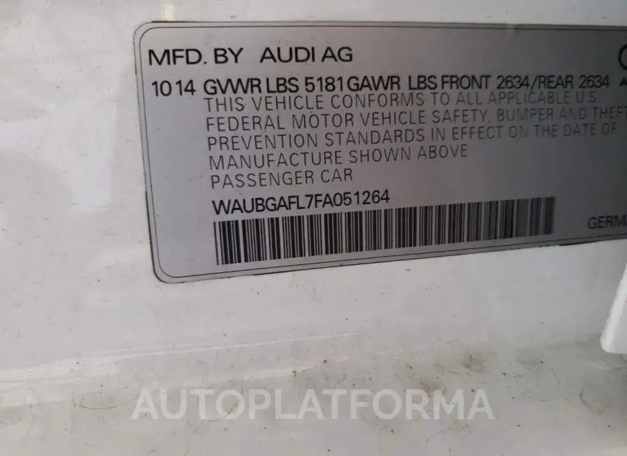 AUDI S4 PREMIUM 2015 vin WAUBGAFL7FA051264 from auto auction Copart