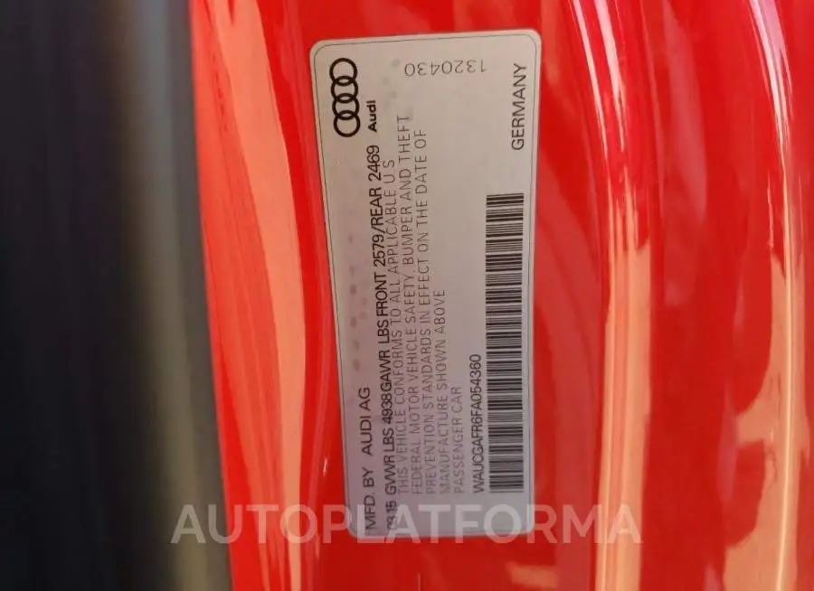 AUDI S5 PREMIUM 2015 vin WAUCGAFR6FA054360 from auto auction Copart