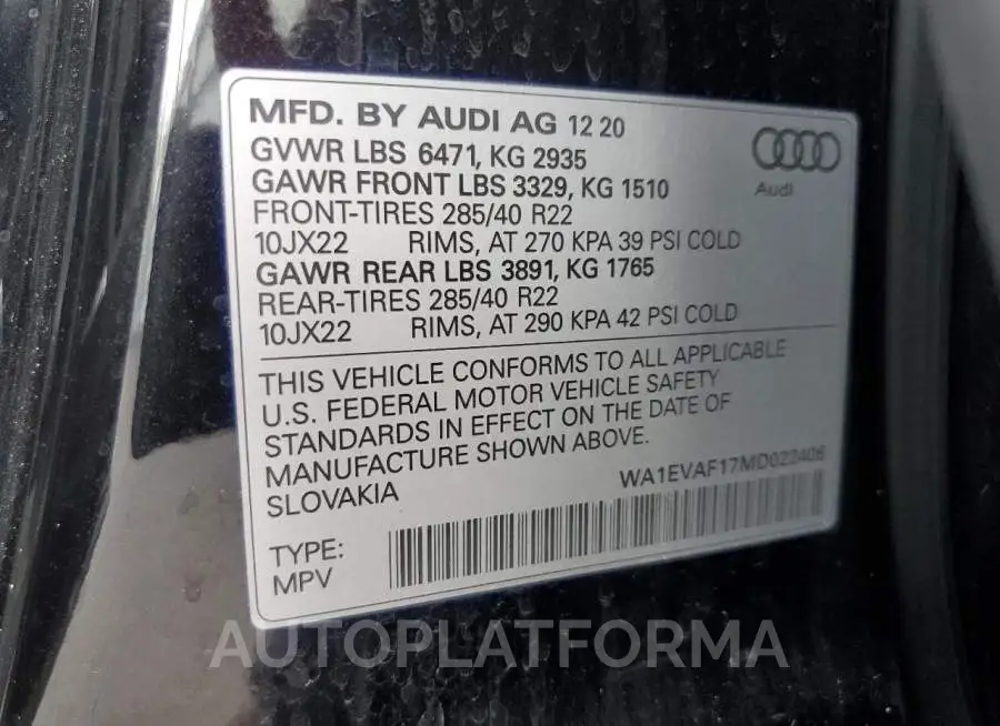 AUDI Q8 PREMIUM 2021 vin WA1EVAF17MD022406 from auto auction Copart