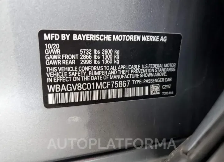 BMW M850XI 2021 vin WBAGV8C01MCF75867 from auto auction Copart