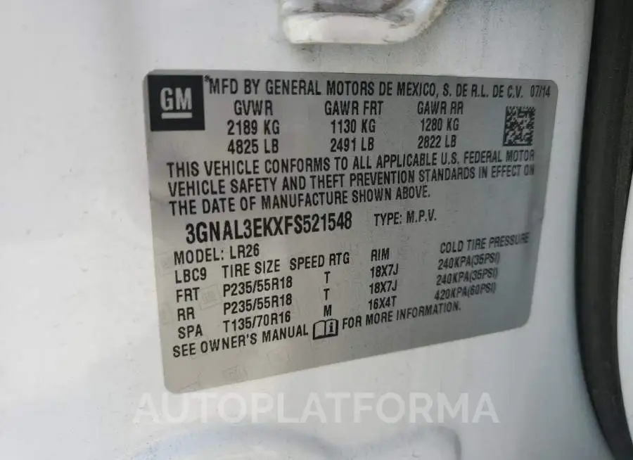 CHEVROLET CAPTIVA LT 2015 vin 3GNAL3EKXFS521548 from auto auction Copart