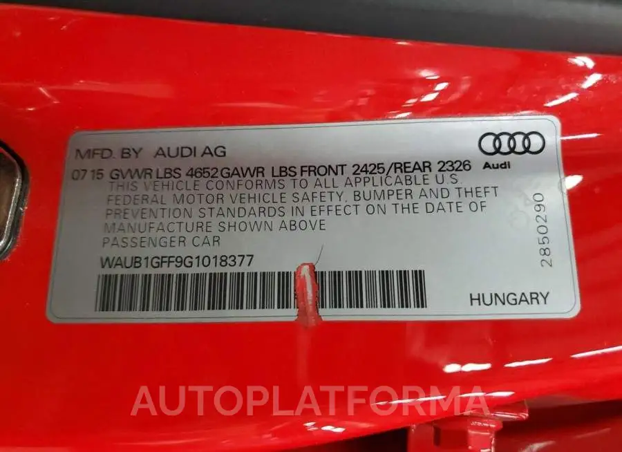 AUDI S3 PREMIUM 2016 vin WAUB1GFF9G1018377 from auto auction Copart