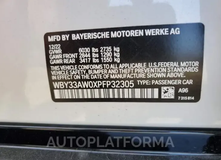 BMW I4 M50 2023 vin WBY33AW0XPFP32305 from auto auction Copart