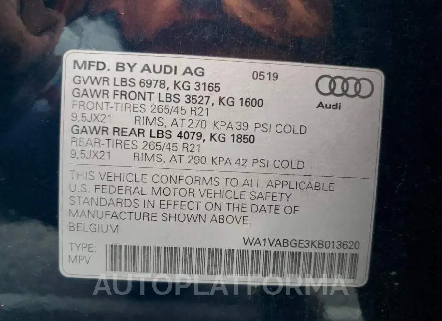 AUDI E-TRON PRE 2019 vin WA1VABGE3KB013620 from auto auction Copart