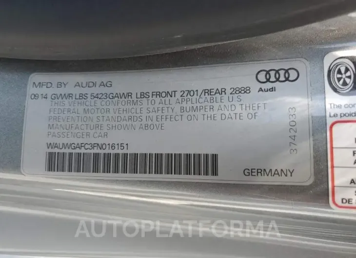 AUDI A7 PREMIUM 2015 vin WAUWGAFC3FN016151 from auto auction Copart