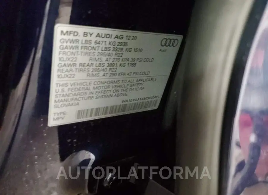 AUDI Q8 PREMIUM 2021 vin WA1EVAF14MD020421 from auto auction Copart