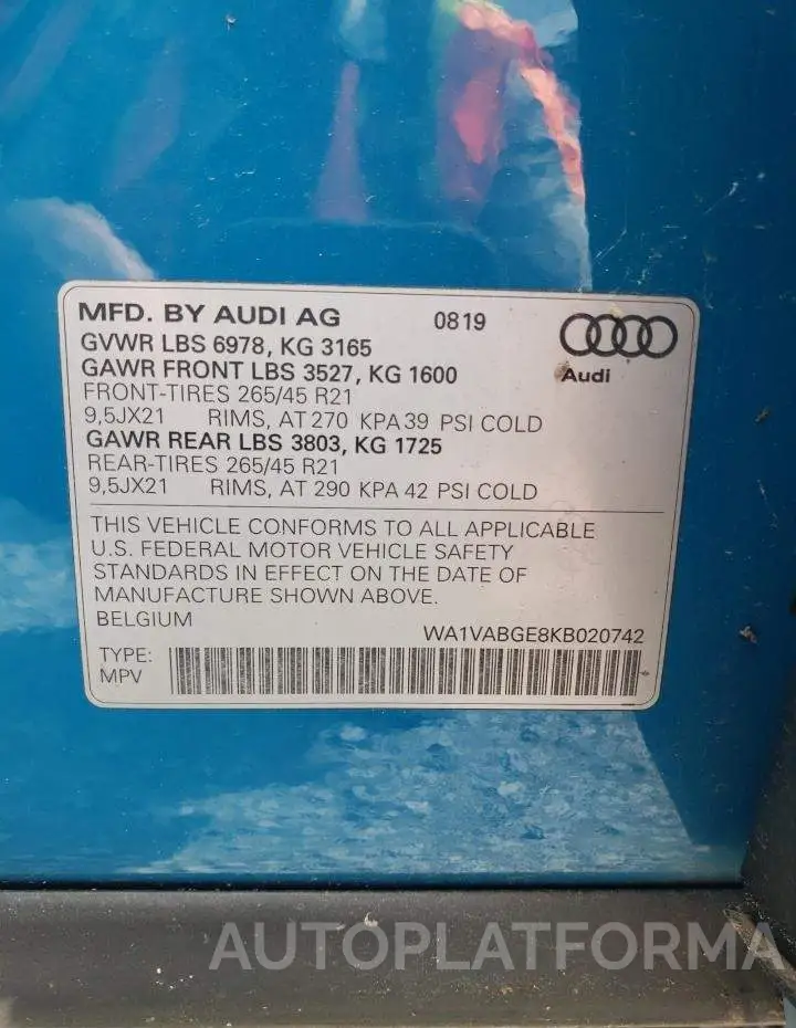 AUDI E-TRON PRE 2019 vin WA1VABGE8KB020742 from auto auction Copart