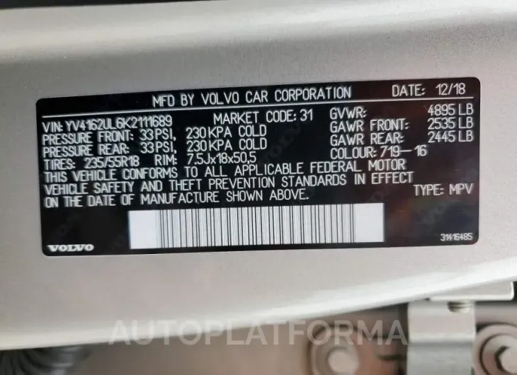 VOLVO XC40 T5 IN 2019 vin YV4162UL6K2111689 from auto auction Copart