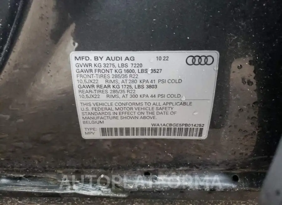 AUDI E-TRON S P 2023 vin WA1ACBGE5PB014252 from auto auction Copart